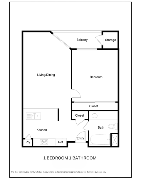 Floor plan for 1 bed, 1 bath, 609 sqft